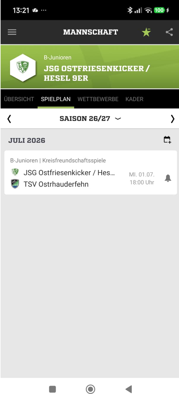 Screenshot der Spielplanansicht in der FUSSBALL.DE-App